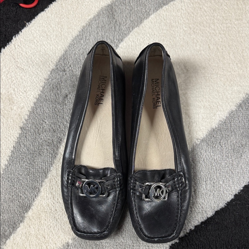 Michael Kors Black Leather Flats with Logo Detail